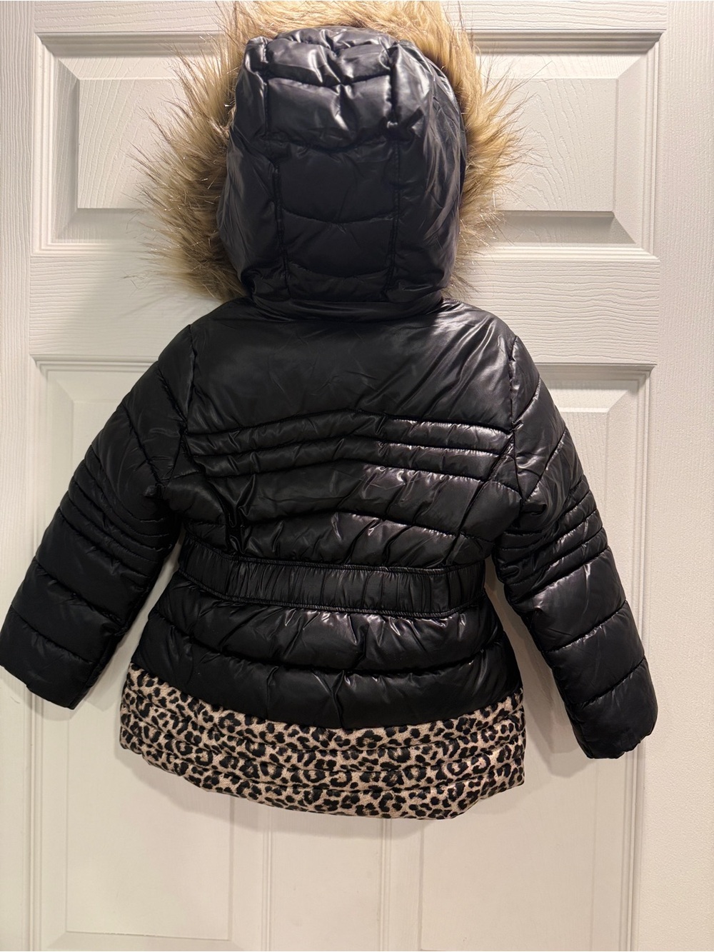 Michael Kors Girls 3T Puffer Coat Faux Fur Hood Black Leopard Print Jacket - Picture 13 of 14